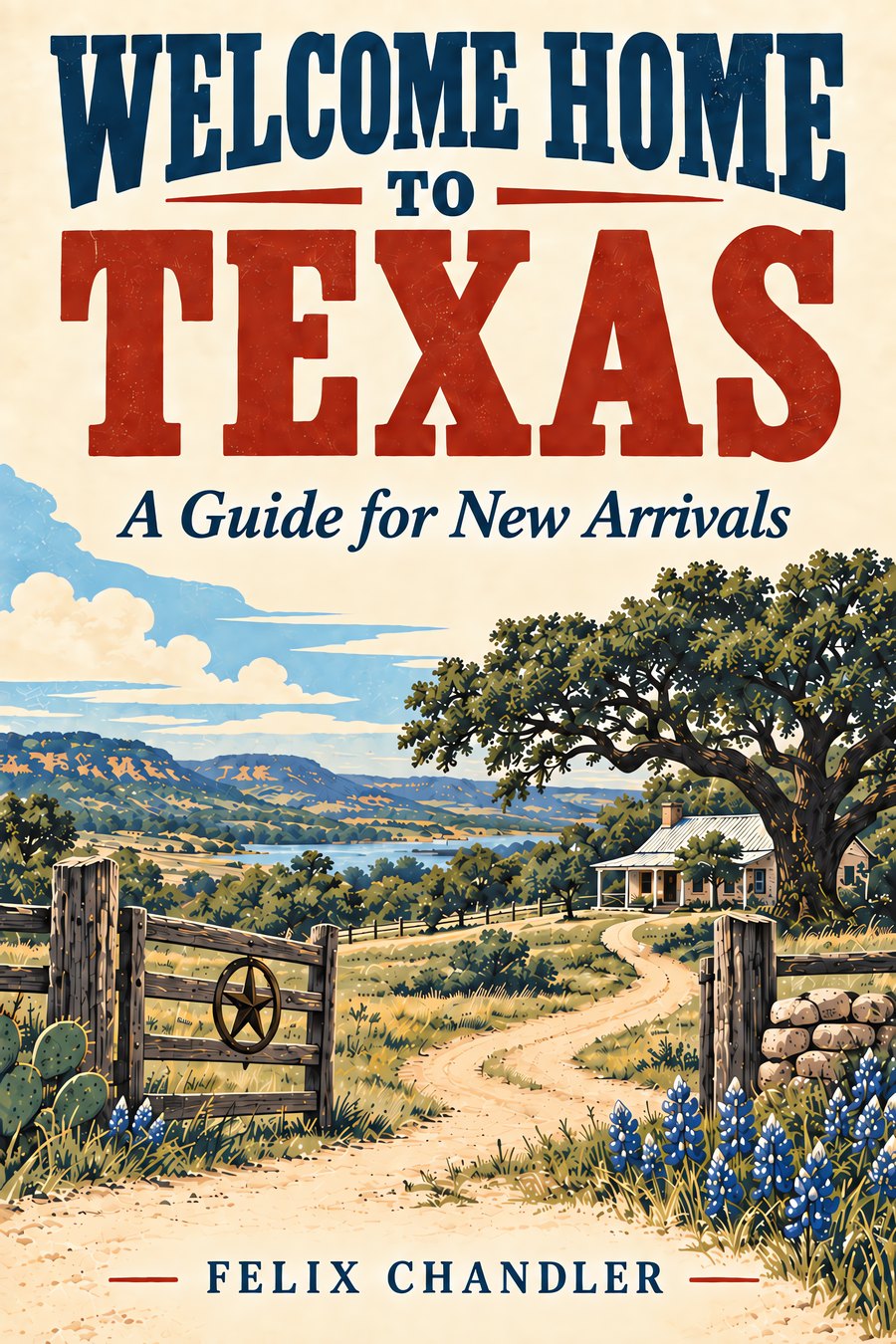 Cover of Welcome Home to Texas: A Guide for New Arrivals, by Felix Chandler. A hand-lettered title above an illustrated Hill Country ranch gate, live oak and bluebonnets.