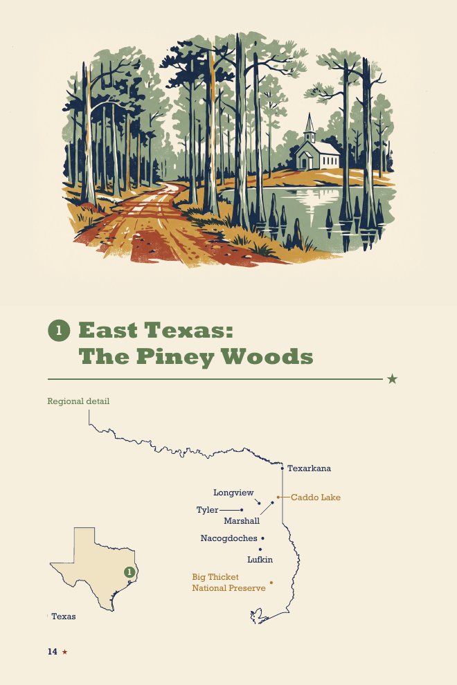 Sample page: East Texas, the Piney Woods, with an illustration of a pine forest and a regional map.